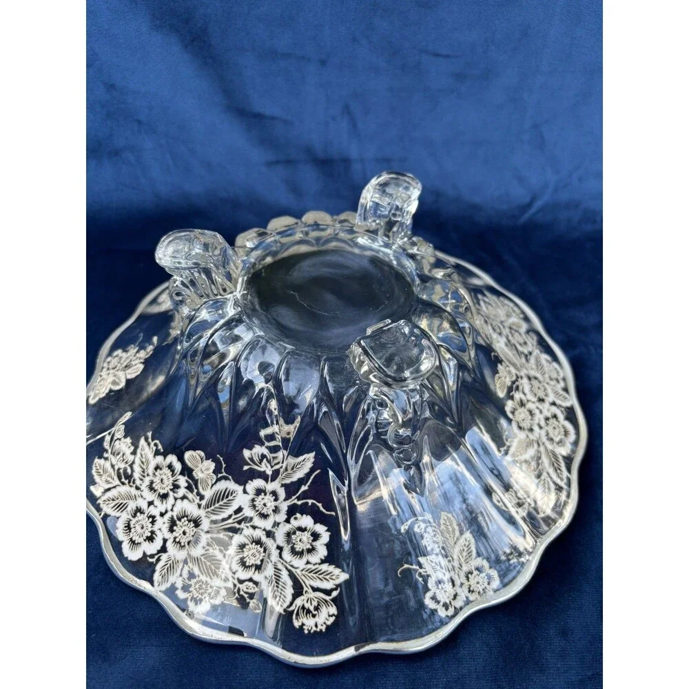 Vintage Floral Etched Glass Compote Bowl on Three Feet Decorative Centerpiece